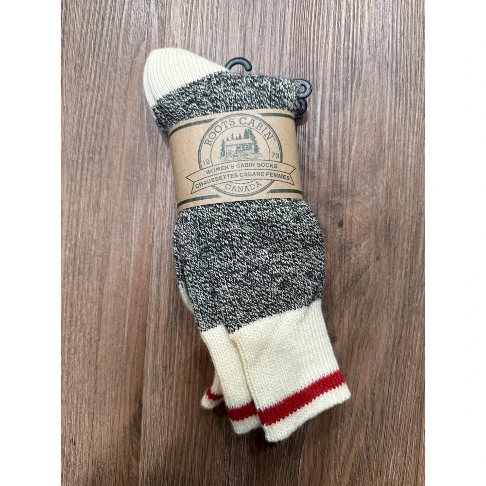 Roots Cabin Womens Socks Grey White Marl Red Stripe Wool Blend Crew 3474